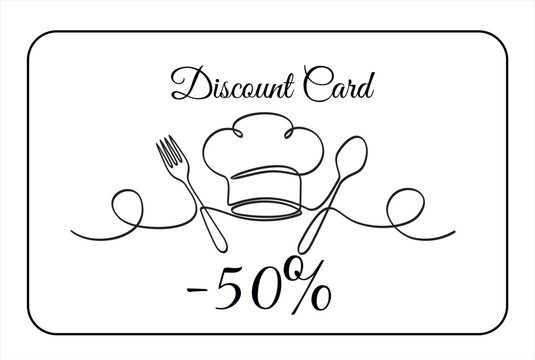 Hand drawn one line vector. Discount card or voucher fast food restaurant or delivery service, template design with one continuous linear food and drinks composition