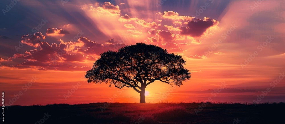 Poster A stunning sunset landscape featuring a silhouette of a tree and branches against the sky with ample space for adding text within the image