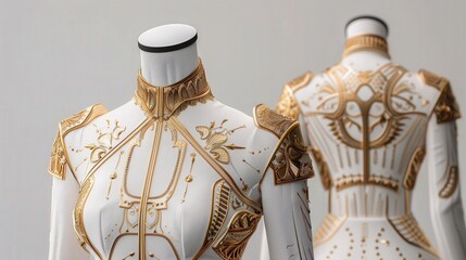 Elegant white and gold futuristic fashion design on mannequins showcasing intricate detailing, perfect for high fashion and concept art inspiration.