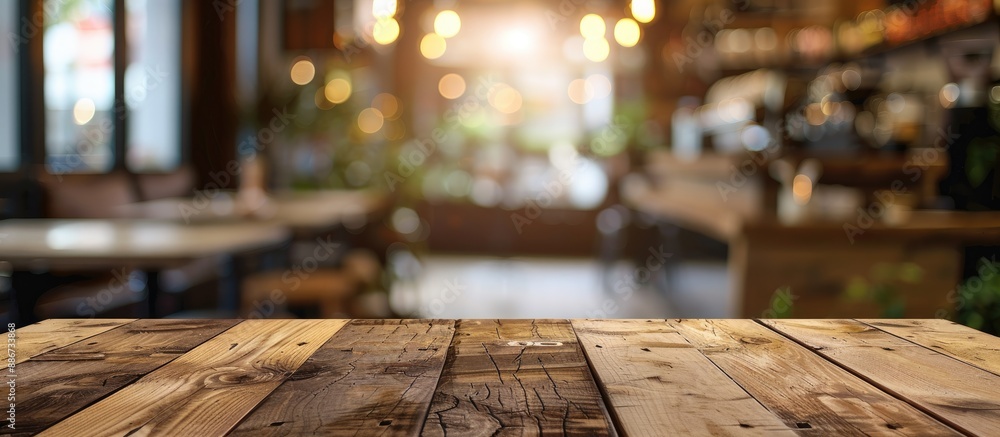 Poster an empty brown wooden table with a blurred coffee shop background featuring bokeh effect is ideal fo