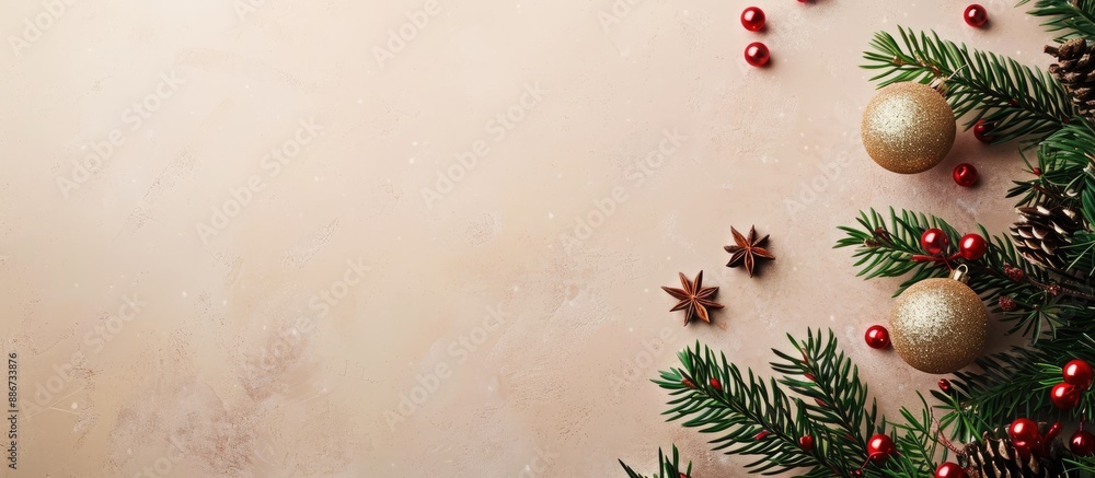 Poster top view of two christmas trees with baubles on a table with copy space image