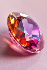 Fototapeta premium Vibrant gemstone with faceted cut reflecting pink and orange hues, resting on a soft, pastel surface, perfect for jewelry or luxury themes.