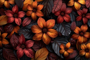Fototapeta premium Fall Flowers, Autumn Leaves, Floral Pattern