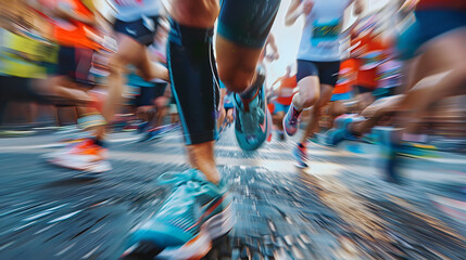 Close-Up of Runners' Feet in a Marathon Highlighting the Dedication, Endurance, and Community Spirit of Long-Distance Running Events 
