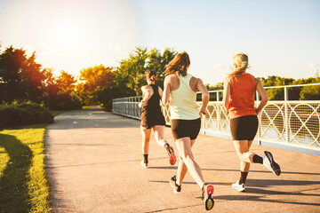back view of females in sportswear jogging together bright sunny park in summer