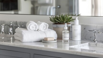 Luxurious Spa Retreat Elegant Marble Vanity with Premium Skincare Products Plush Towels and Serene Succulent Relaxation and Pampering in Every Detail