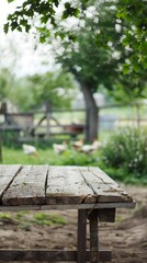 Fototapeta premium A weathered wooden table sits in a peaceful garden setting, with green foliage and a blurred background of a fence and chickens in the distance