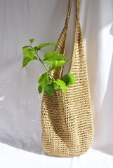 natural straw bag on a white background