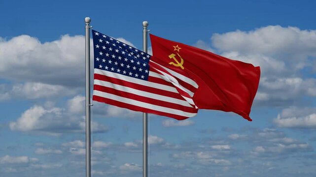 Soviet Union or USSR and USA flags flying together, video concept of the relationship, two country cooperation concept