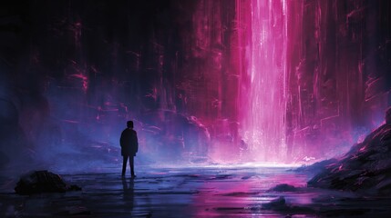 Obraz premium ancient cave with pink blue waterfall glowing in dark, ethereal fantasy illustration background
