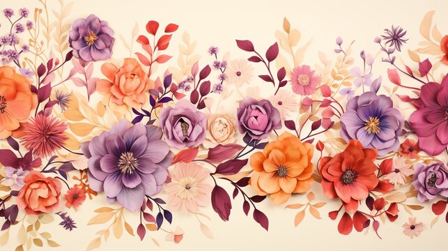 Artistic floral pattern with imaginative blooms in vibrant hues of pink, orange, and purple on a light beige background flat design top view playful theme water color vivid colors