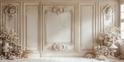 Elegant White Interior Design with Ornamental Wall Panels and Dried Flowers