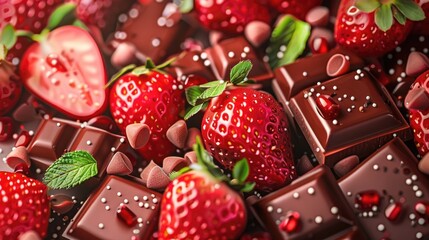 Sweets and chocolate with strawberry fruit illustration, creating a tempting candy background.