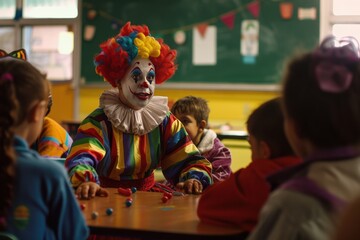 Obraz premium Clown Entertaining Children in Classroom