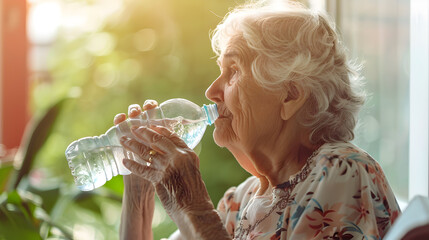 Obraz premium Elderly Woman Drinking from a Water Bottle Emphasizing the Importance of Hydration and Healthy Lifestyle Choices for Seniors