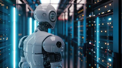 Rear view of an AI robot in a data center, emphasizing the futuristic technology and data processing capabilities