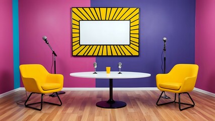 Empty podcast studio with two microphones and chairs.