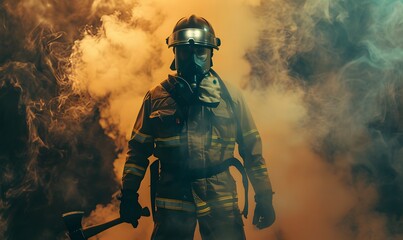Portrait of a firefighter standing strong amidst swirling smoke, ready for any emergency.