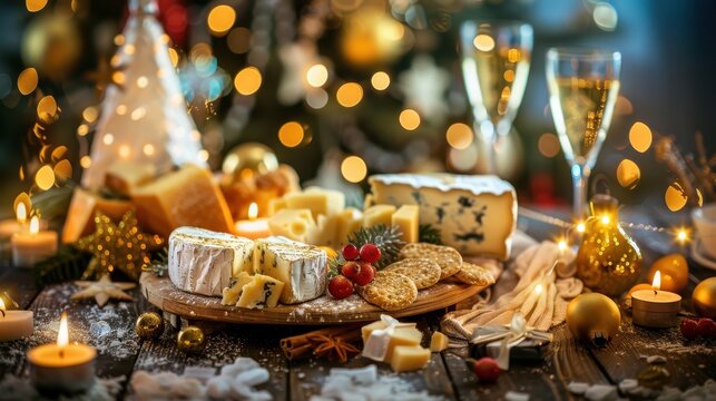 Festive holiday cheese board with assorted cheeses, crackers, and champagne. Perfect for Christmas celebrations, with warm bokeh and candles.