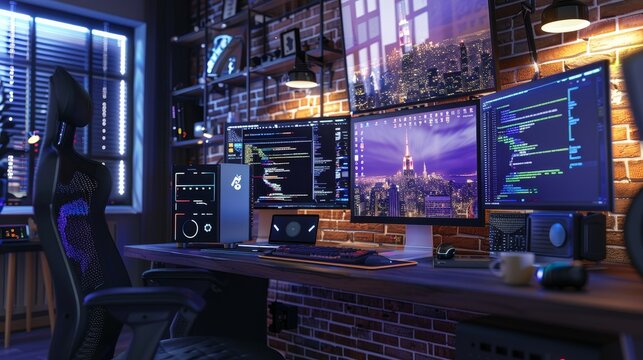 Techie's Haven Triple Monitor Setup with Advanced Coding Software and Virtual Assistant Device in Modern Home Office