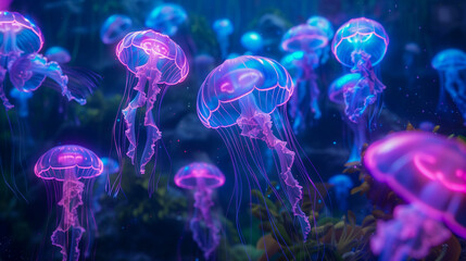 Bioluminescent Jellyfish Tank with Glitch Effect Morphing and Flickering