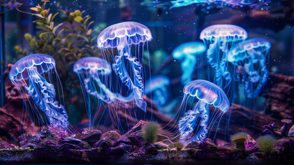 Jellyfish Tank with Glitch Effect Creating Flickering and Morphing Bioluminescent Creatures