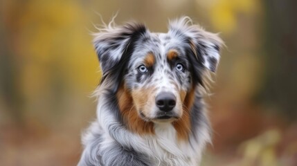 Fototapeta premium A Blue Merle Australian Shepherd sitting and looking attentively