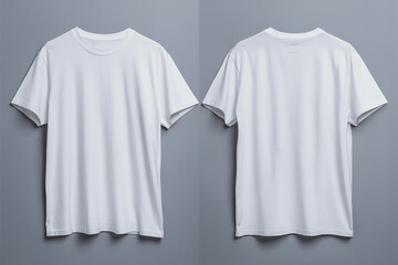 Two white t-shirts placed side by side against a gray background