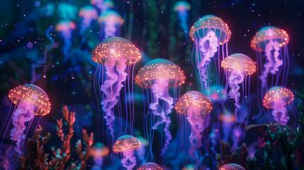 Jellyfish Tank with Glitch Effect Creating Flickering and Morphing Bioluminescent Creatures