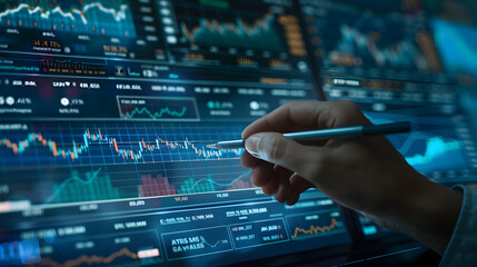 
Hand Using Stylus on Digital Trading Screen Highlighting the Integration of Technology in Financial Markets and Real-Time Investment Analysis 