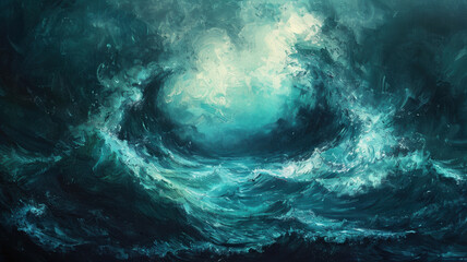 An ocean scene illustrating an approaching storm, featuring a palette of dark and light blue shades along with aqua tones.