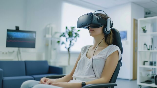 Immersive Healing Virtual Reality Therapy Session in Modern Clinic Patient Engaging in 3D Rehab Environment