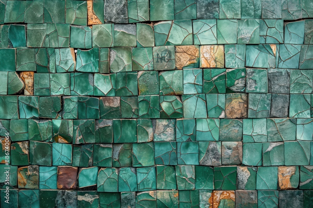Aufkleber Mosaic art composition of green and brown tiles on a blurred background. Close-up view of intricate details in grid-like pattern. Perfect for design, architecture, and eco-friendly themes.