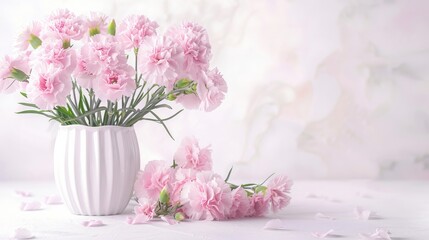 Obraz premium Pink Carnations in Vase: Striped Background with Copy Space - Elegant Home Decor