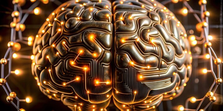 Generative ai. futuristic brain, intricate circuitry, glowing lights, high-tech, cybernetic neural network, dark background, sci-fi, advanced technology, digital intelligence, artificial intelligence