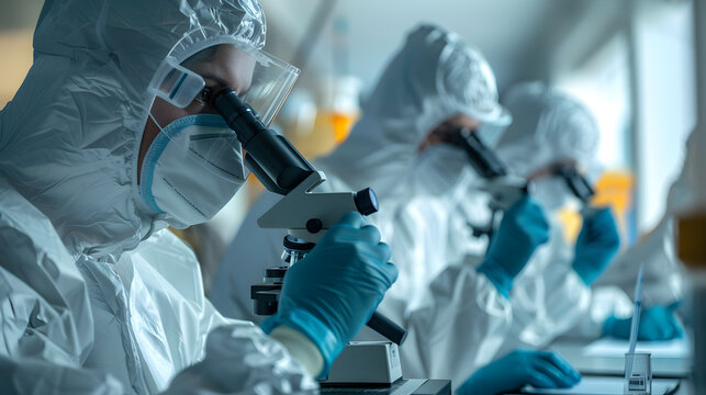 Laboratory Researchers in Full Protective Gear Using Microscopes Highlighting the Dedication and Precision in Scientific Research and Medical Innovation