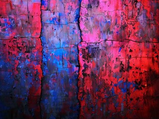 Abstract background of cracked red, blue, and purple paint.