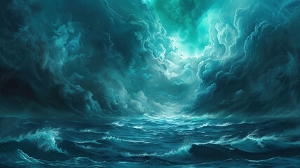 An ocean scene illustrating an approaching storm, featuring a palette of dark and light blue shades along with aqua tones.