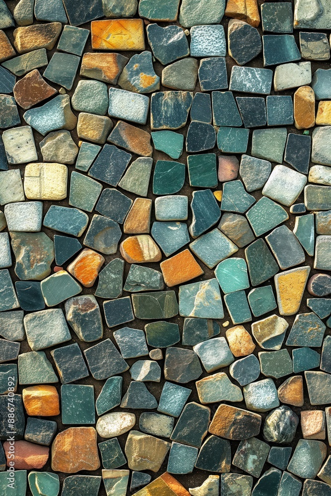 Poster abstract mosaic art piece composed of colorful stones on gray background. randomly arranged stones c