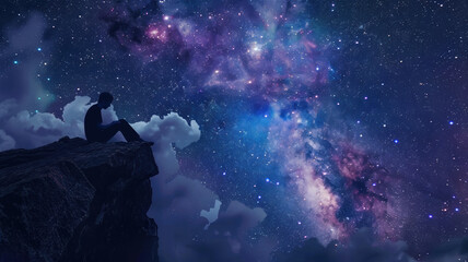Naklejka premium The silhouette of a man sitting on a rock under a starry sky of purple blue color, small lights merge into a single radiance, a magical atmosphere.
