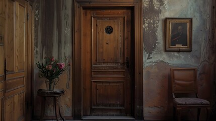 Room design interior with closed door.