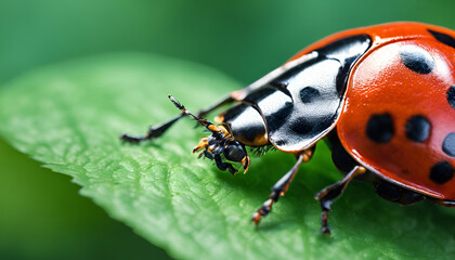 Obraz premium A detailed macro shot of an insect, such as a ladybug, resting on a vibrant green leaf, with the fine texture of its wings and body clearly visible, and the soft-focus background enhancing the subject