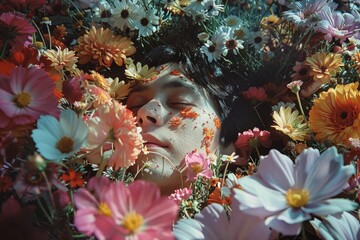 The face of a handsome young Caucasian man with dark hair. Everything around him is filled with flowers, petals on his face.