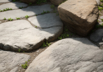 Closeup of paving stepping stones in the grass in the shade on a sunny afternoon