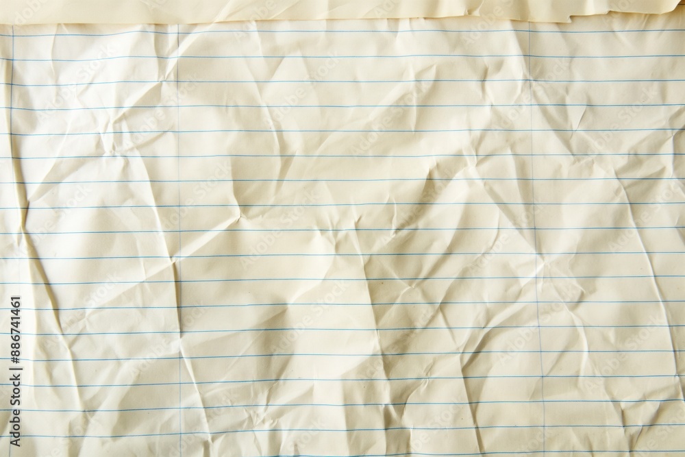 Poster Crumpled white paper folded in half with creased surface. Close-up view of textured background blurred out. Paper details stand out against soft focus for creative projects and design inspiration.