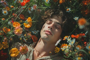 The face of a handsome young Caucasian man with dark hair. Everything around him is filled with flowers, petals on his face.