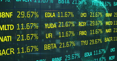 Image of financial data processing over globe