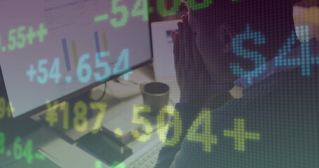 Image of financial data processing over biracial businessman