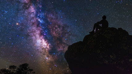 Obraz premium The silhouette of a man sitting on a rock under a starry sky of purple blue color, small lights merge into a single radiance, a magical atmosphere.