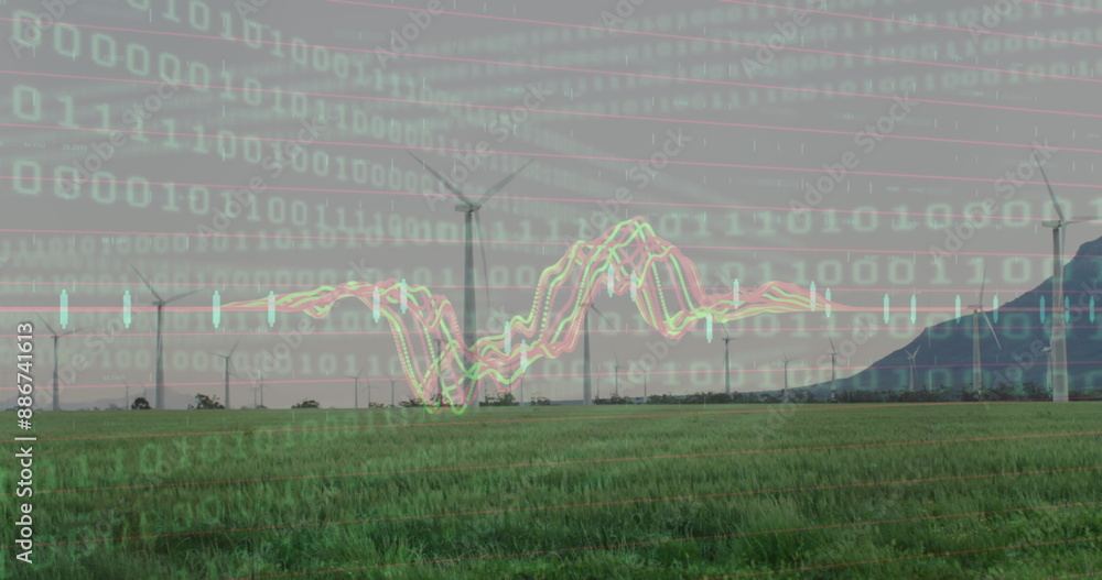 Poster image of binary coding and against spinning windmills on grassland